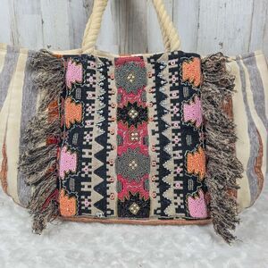 Evelyn K New York Wool Cotton Bohemian Raga Bonita Beaded Fringe Tassel Tote Bag